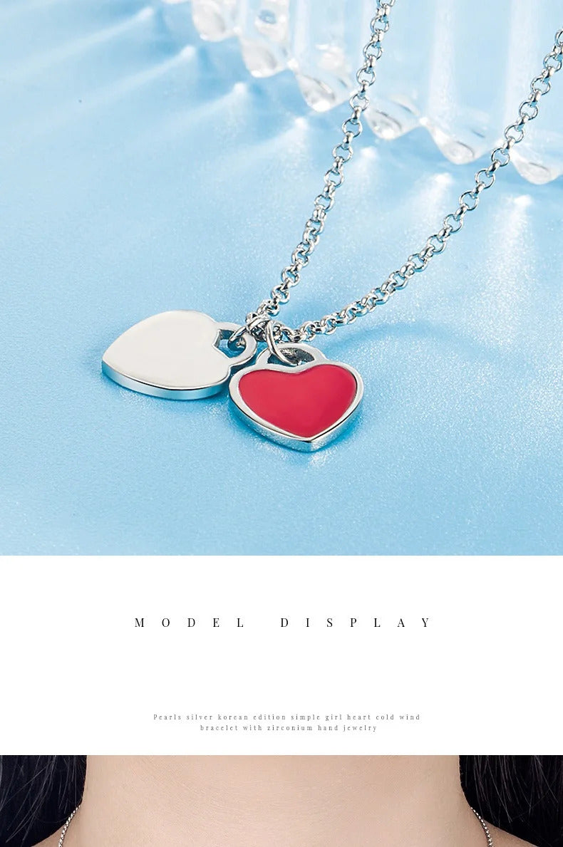 Designer 925 Silver Jewelry Necklace Woman Retro Heart-Shaped Enamel For Girls Cute Silver Bead Birthday Gift