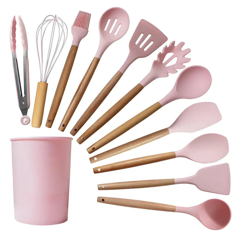12pc Chef Silicone Tools - Wooden Handle Utensils for Pots/Pans ✔Dishwasher Safe & BPA-Free (Includes Storage Caddy)