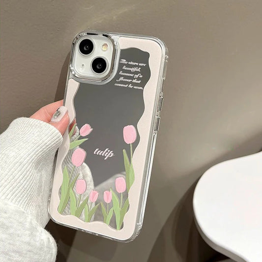 Tulip Flowers Mirror Glass Case For iPhone 11 Pro Max 16 14 13 Pro 12 15 XR XS Max X Case Square Floral Leaf Lette Pattern Cover