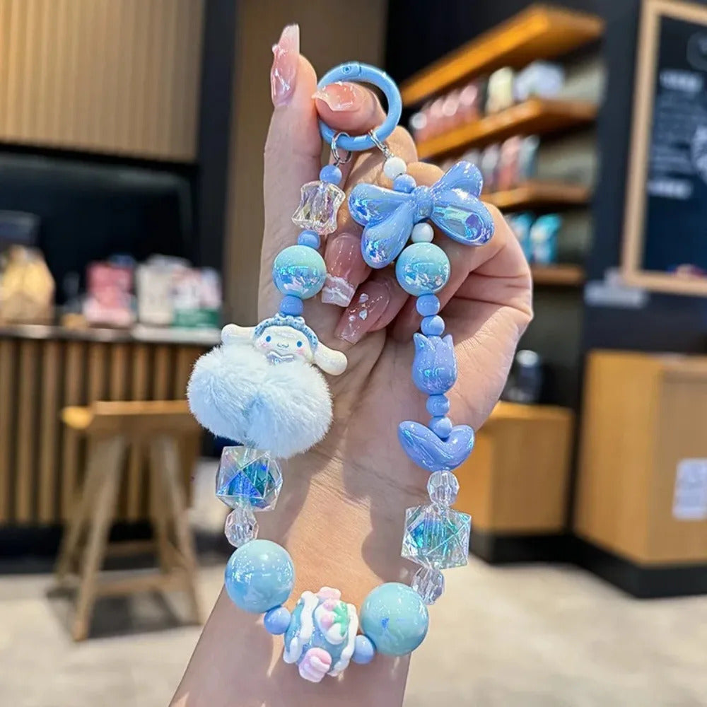 Sanrio Hello Kitty Melody Hairball Mobile Phone Chain Camera Pendant Kuromi Hand Painted Beaded Kawaii Bracelet Key Chain Gift