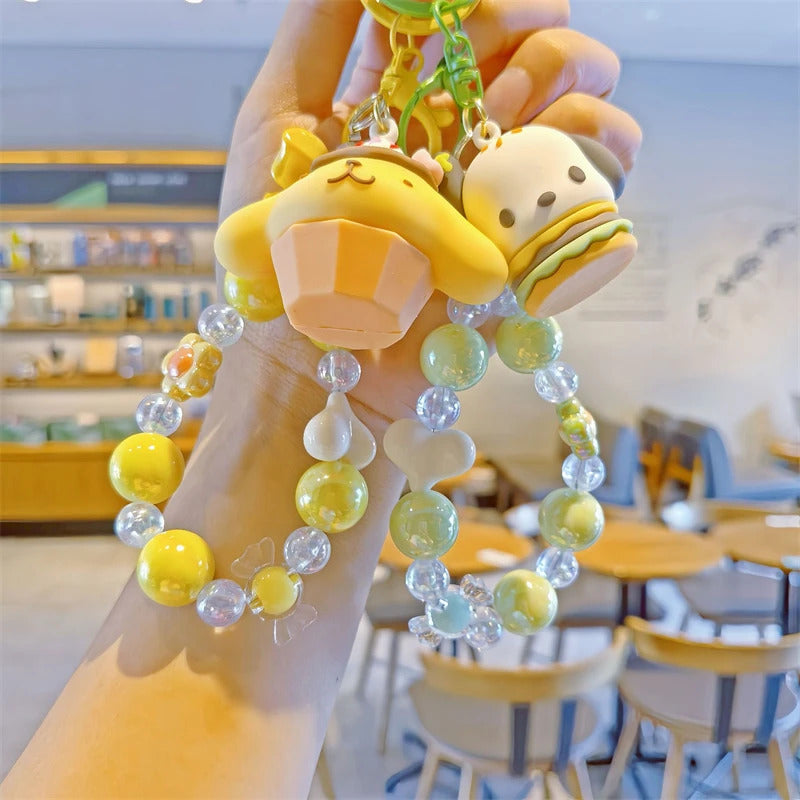 Sanrio Beaded Keychain Hello Kitty Cinnamoroll Kuromi Cute Cartoon Doll Pendant Phone Chain Keychains Bag Pendant Accessories
