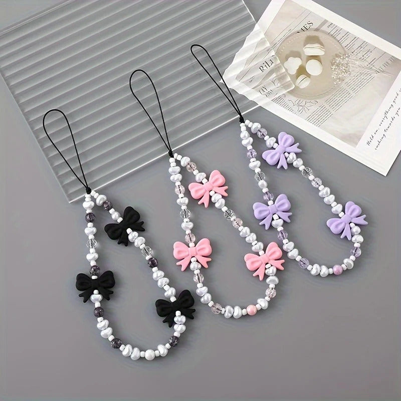 Korean Kawaii Pink Bowknot Beaded Phone Chain Fashion Delicate Keychain For Women Girls Sweet Bag Decoration Accessories Gifts