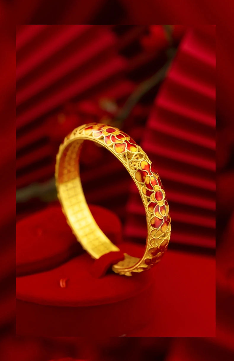 Chinese style wedding jewelry exquisite antique gold craftsred Lotus Flower bangles enamel retro charms bracelet for women