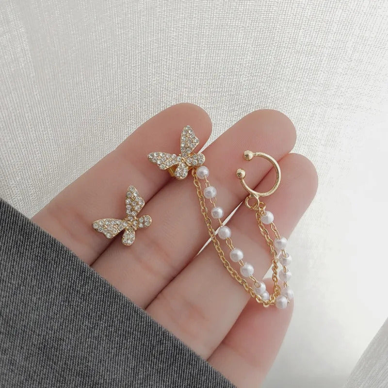 Rhinestone Butterfly Stud Earrings For Women Girls Korean Cute Fashion Metal Cuff Chain Tassel Boucle D'oreille Jewelry