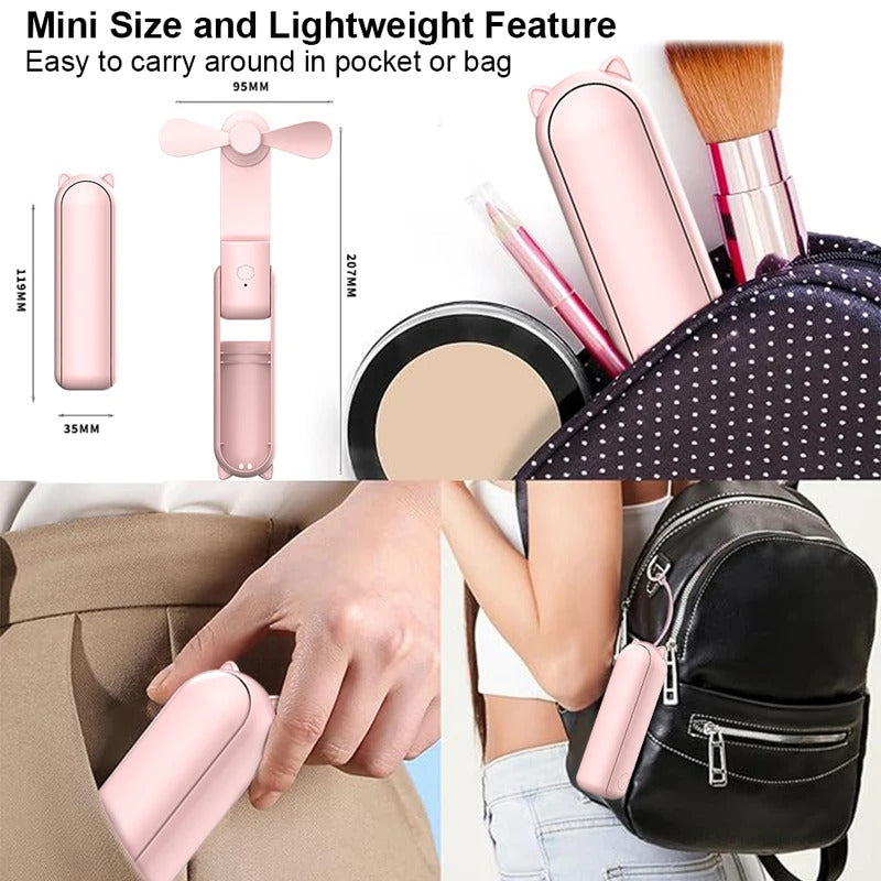 Portable Mini Fan 2000mAh USB Rechargeable 3 Speed Handheld Foldable Fan Hand Held Small Pocket Travel Fan with Handy Power Bank