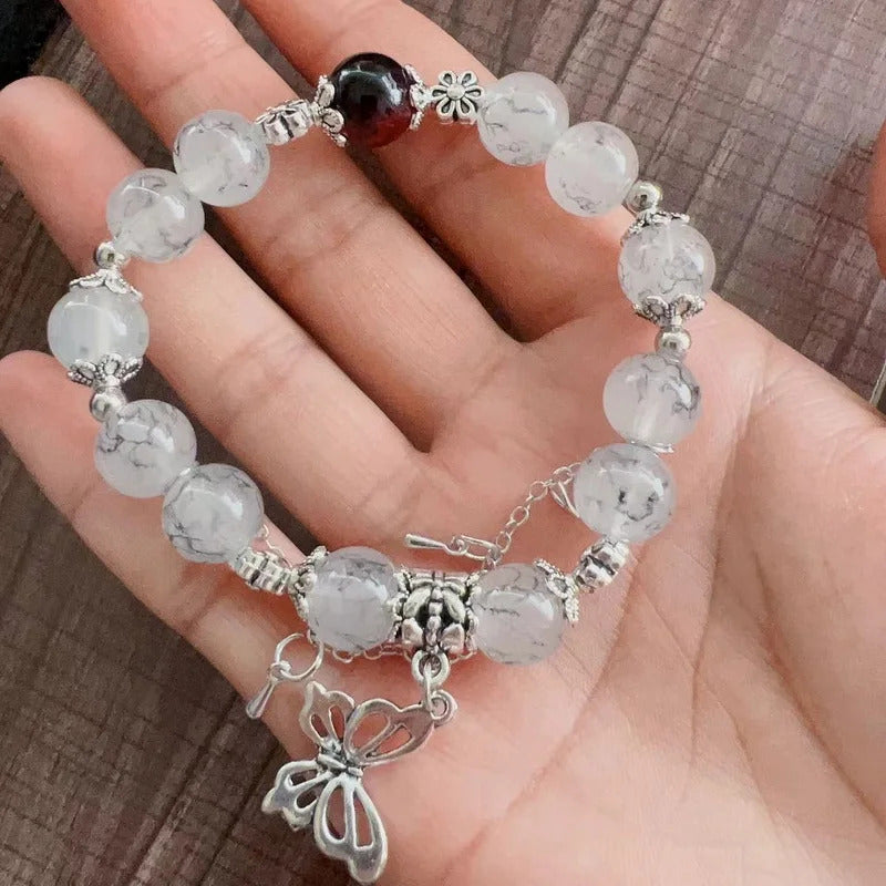 Light Luxury Purple Glass Crystal Beaded Bracelets for Women Chic Butterfly Tassel Pendant Bracelets Sweet Girl Wrist Jewelry