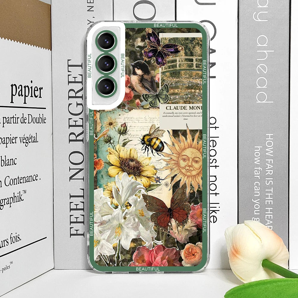 Cool Green Retro Flower Stickers Phone Case for Samsung Galaxy A55 A54 A53 A52 A51 A70 A22 A13 4G 5G Soft TPU Clear Cover Fundas