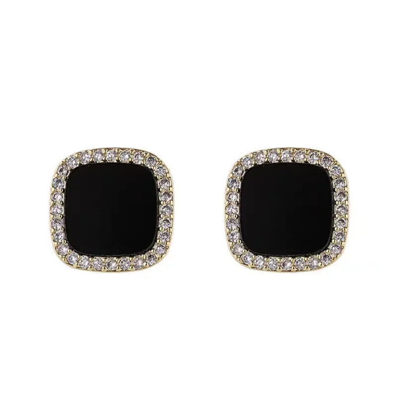 Korean Style Zircon Black Resin Square Ear Studs for Women Elegant Luxury Geometric Earrings 2024 Fashion Trends Jewelry Gifts