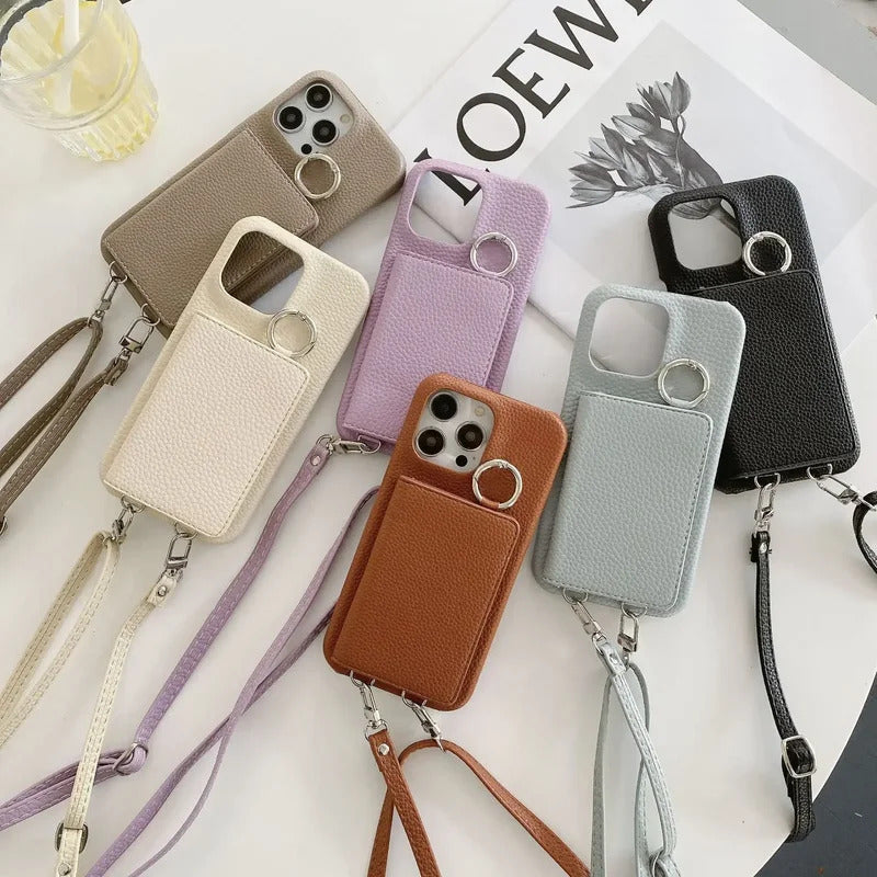 Ring Holder Mirror Card Slot Case For iPhone 13 12 Mini 16E 16 15 14 11 Pro XS Max 8 Plus Crossbody Wallet Lanyard Leather Cover