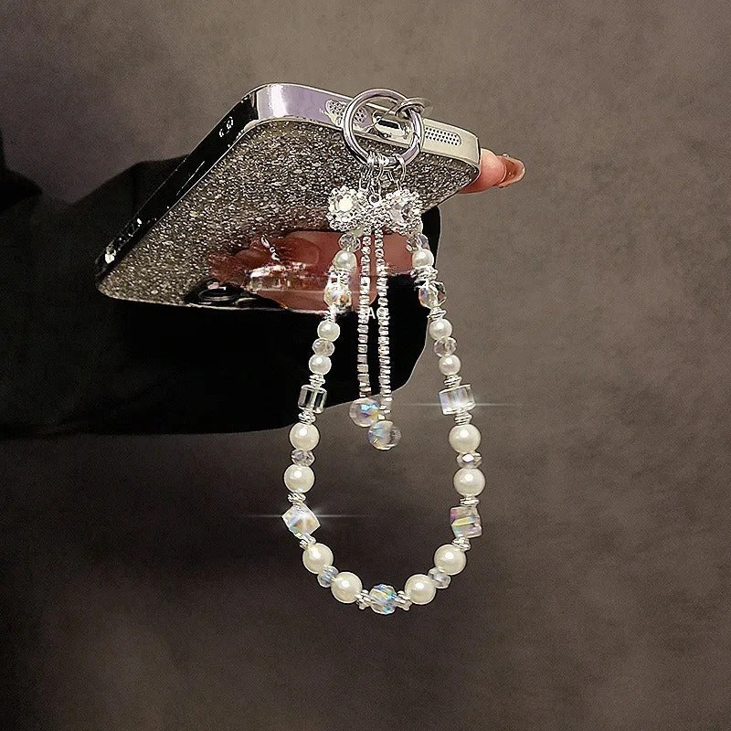 Luxury High-End Flash Diamond Bow Tassel Mobile Phone Chain Crystal Beaded Mobile Phone Lanyard Short Wrist Holding Chain