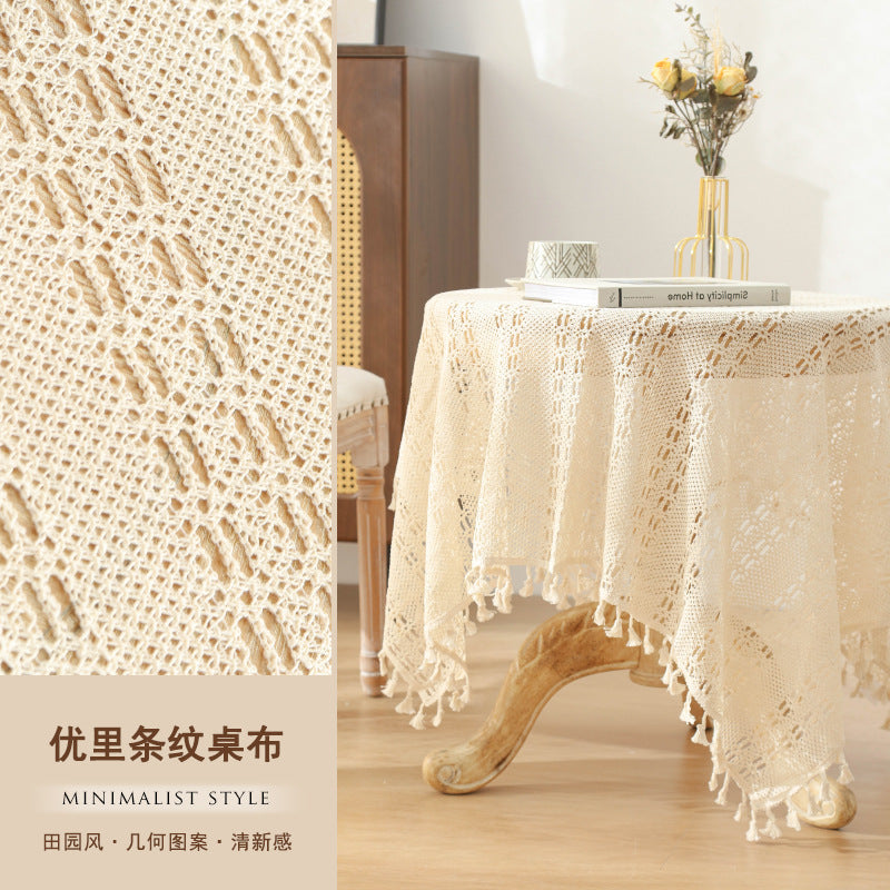 American Pastoral Cotton Woven Tablecloth Lace Hollow Crochet Tassel Dining Tablecloth French Cover Cloth Vintage Ins Tablecloth