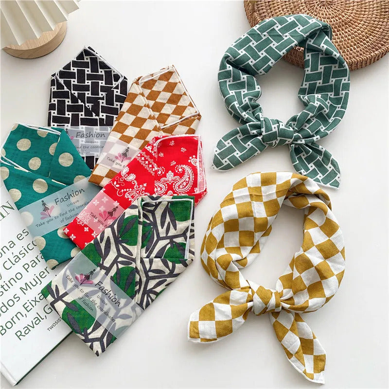 Cotton Linen 55cm Square Scarf Women Kerchief Flower Print Geometric Neckerchief Scarves  Headwrap Bandanas Hairband Headbands