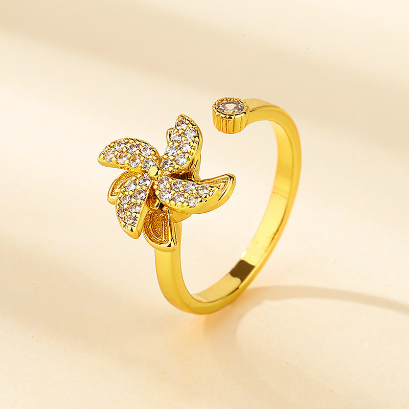 Rotating Stress Relief Windmill Ring for Women Creative Personality Design Adjustable Open Ring