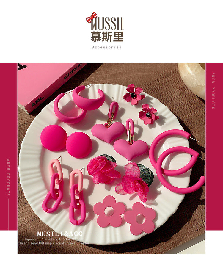 High-grade dopamine rose red earrings female niche design earrings net red pink earrings