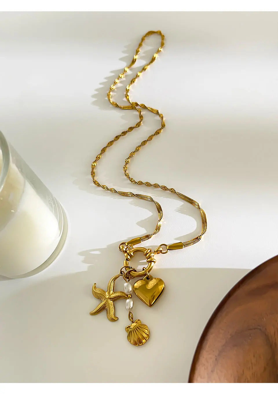 Peri'sbox Stainless Steel Chunky Heart Starfish Shell Pendant Necklace for Women Imitation Pearl Flat Snake Chain Trendy Jewelry