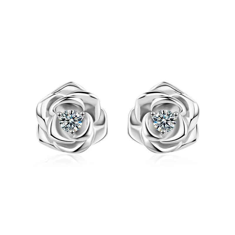 S925 Sterling Silver Moissanite Rose Earrings – Dainty & Elegant