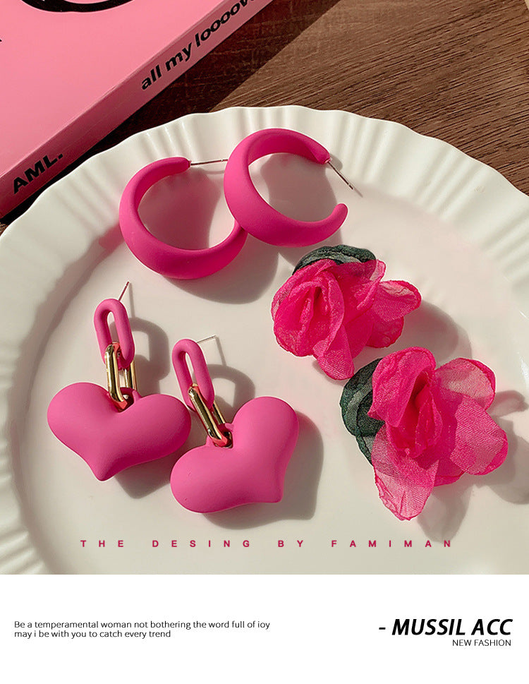 High-grade dopamine rose red earrings female niche design earrings net red pink earrings