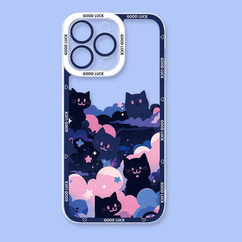 Cartoon Starry Sky Black Cat Clear Phone Case For Samsung Galaxy S24 S23 S22 Ultra S21 S20 FE Note 20 10 Plus A15 A25 A35 A55