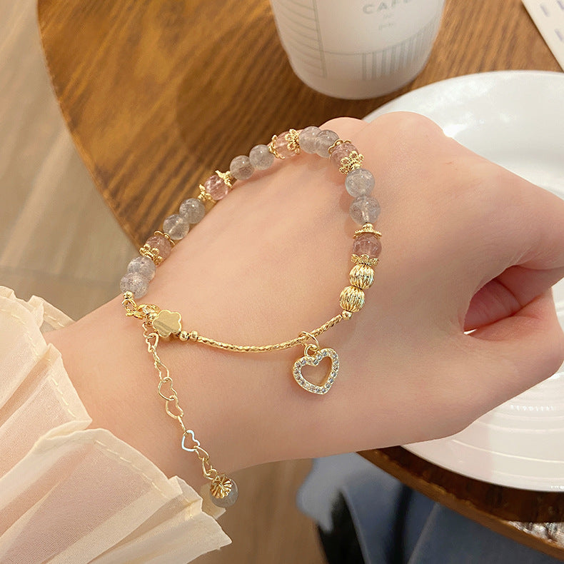 New Style Super Fairy Sweet Strawberry Crystal Bracelet Fresh Ins Gourd Pendant Bracelet String Grey Moonlight Bracelet
