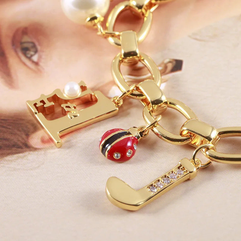 Jewelry Enamel Glaze Fun Cute Frog Ladybug Letter Flag Pearl Multi Pendant Bracelet