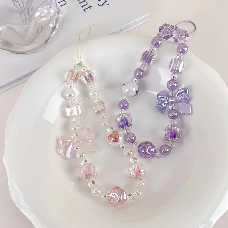 Sweet Candy Color Mobile Phone Chain Cute Bow Beaded Cellphone Pendant Charms Women Cell Phone Case Anti-loss Lanyard Jewelry