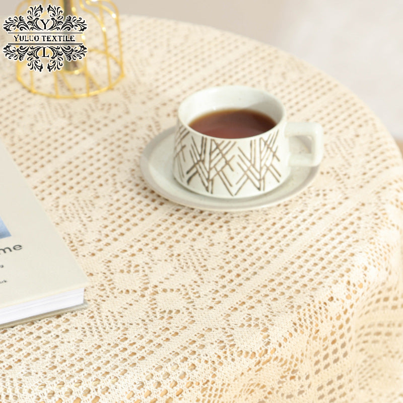 American Pastoral Cotton Woven Tablecloth Lace Hollow Crochet Tassel Dining Tablecloth French Cover Cloth Vintage Ins Tablecloth