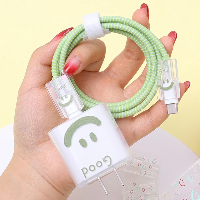 USB Cable Protection For Iphone 15 14 13 12 Cover Smiling Face Style Protective Data Line Spiral Winder 18 20W Charger Protector