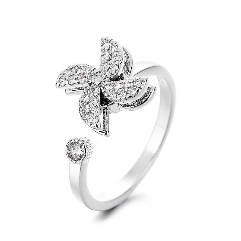 Rotating Stress Relief Windmill Ring for Women Creative Personality Design Adjustable Open Ring