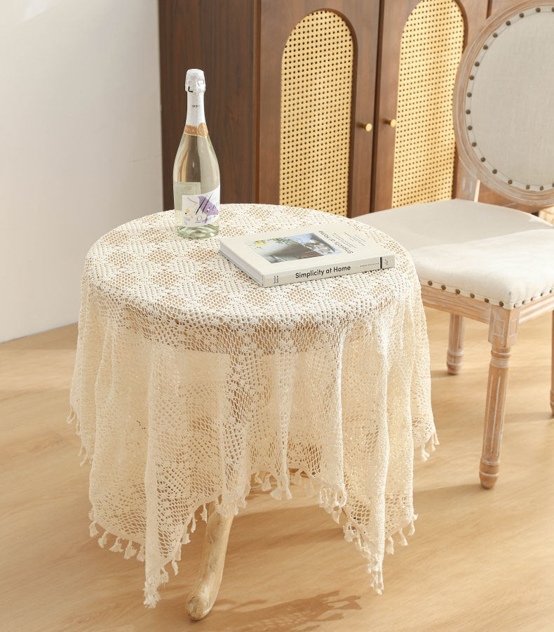 American Pastoral Cotton Woven Tablecloth Lace Hollow Crochet Tassel Dining Tablecloth French Cover Cloth Vintage Ins Tablecloth