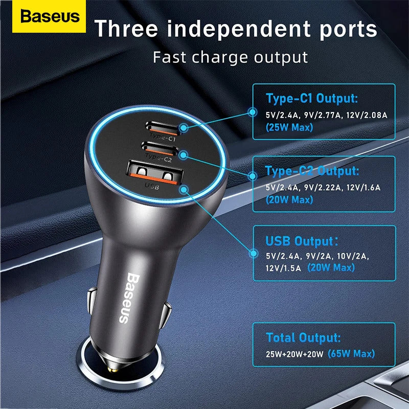 Baseus 65W Car Charger USB Type C Quick Charge 4.0 QC 3.0 PD Fast Charging For iPhone 13 Xiaomi Samsung Huawei USB C Car Charger