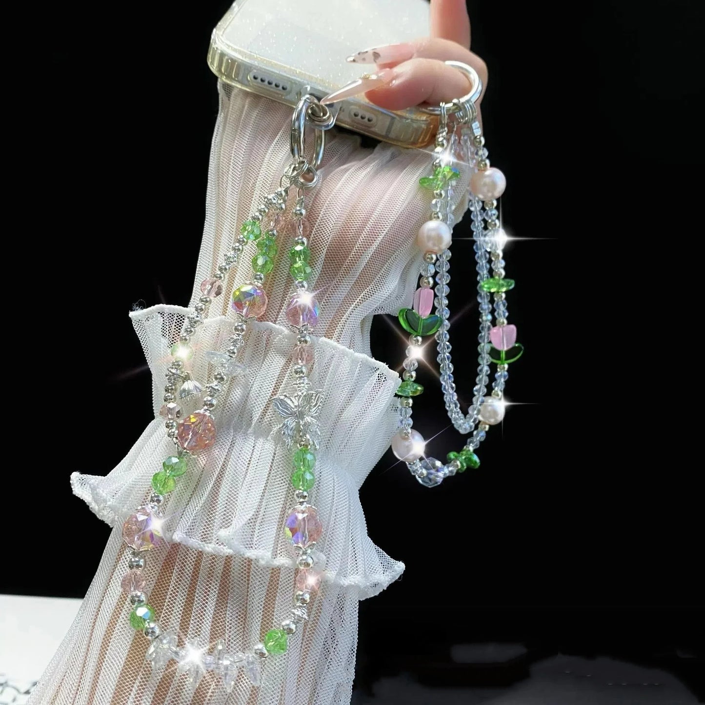 For 16 Mobile Phone Chain Dazzle Tulip Butterfly Double Chain Crystal 15 Mobile Phone Case Chain Lanyard Gradient Niche Fashion