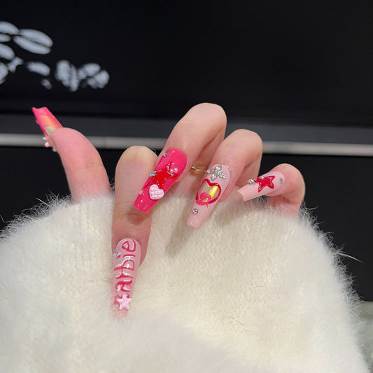 Dairison [Video Game Girl] Handmade Wearable Nails High-Grade Gray Hand-Painted Sweet Cool Heart Nail Tips Bowknot