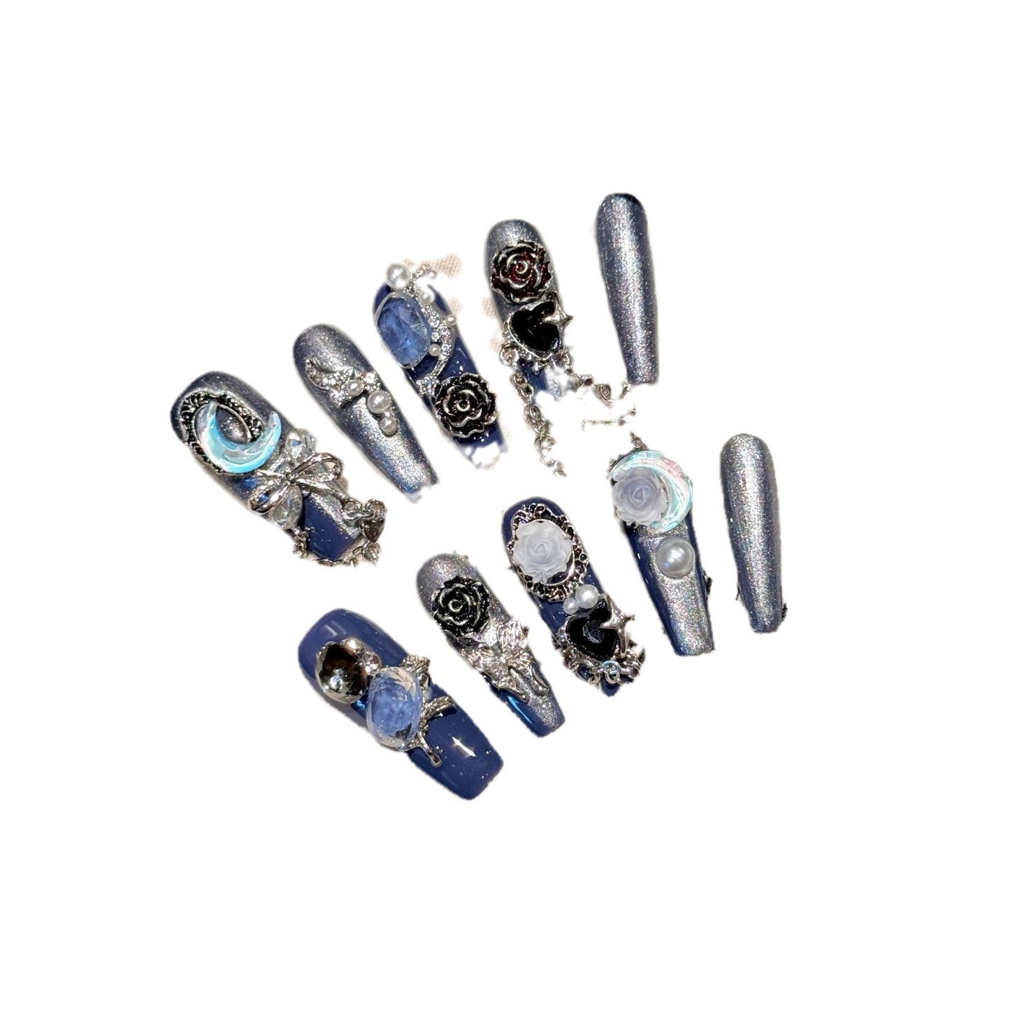 Rikaman Handmade Wearable Nails Heavy Blue Evening Nail Art Shiny Luxurious Rose Niche Style Hot Girl Nail Art Detachable