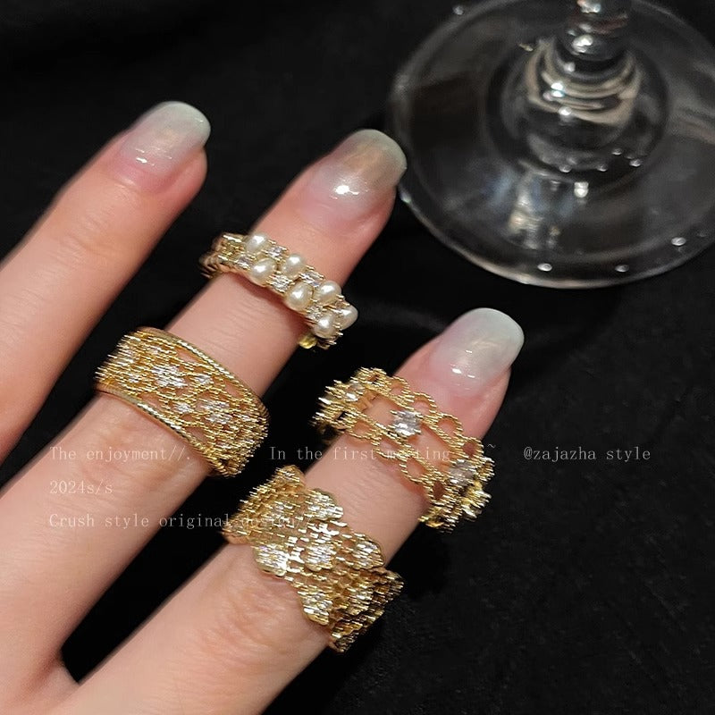 Wide Hollow Lace Open Ring French Retro Exquisite Commuting White Wear Ring