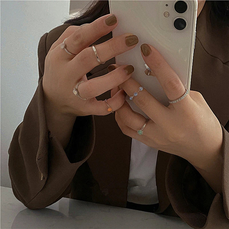 HZ 2021 New Korea 5pcs/set Colorful Stone Rhinestone Metal Chain Trendy Geometry Hit Rings Set for Women Girls Jewelry Gifts