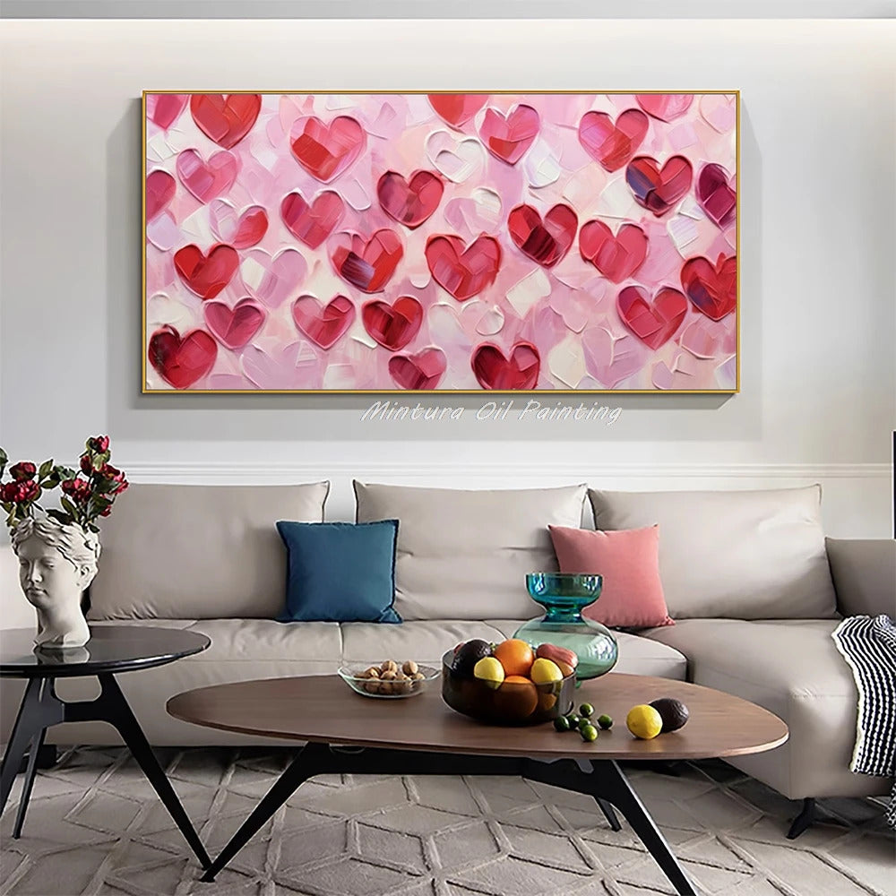 Mintura,100% Handmade Knife Graffiti Pink Red Heart Oil Painting on Canvas,Modern Abstract Wall Art Picture,Room Home Decoration