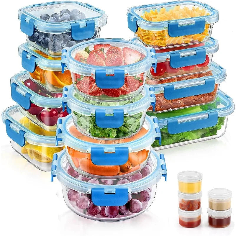 34pcs Glass Food Storage Containers with Lids Set, Airtight Glass Meal Prep Containers (17 Containers & 17 Lids), Leak Proof