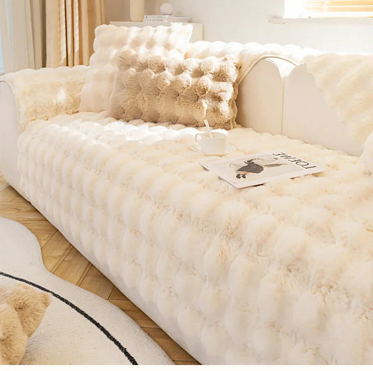 Rabbit Plush Sofa Cover Winter Thickening Warm Plush Cushions Non-Slip Living Room Leather Sofa Backrest Armrests Super Soft
