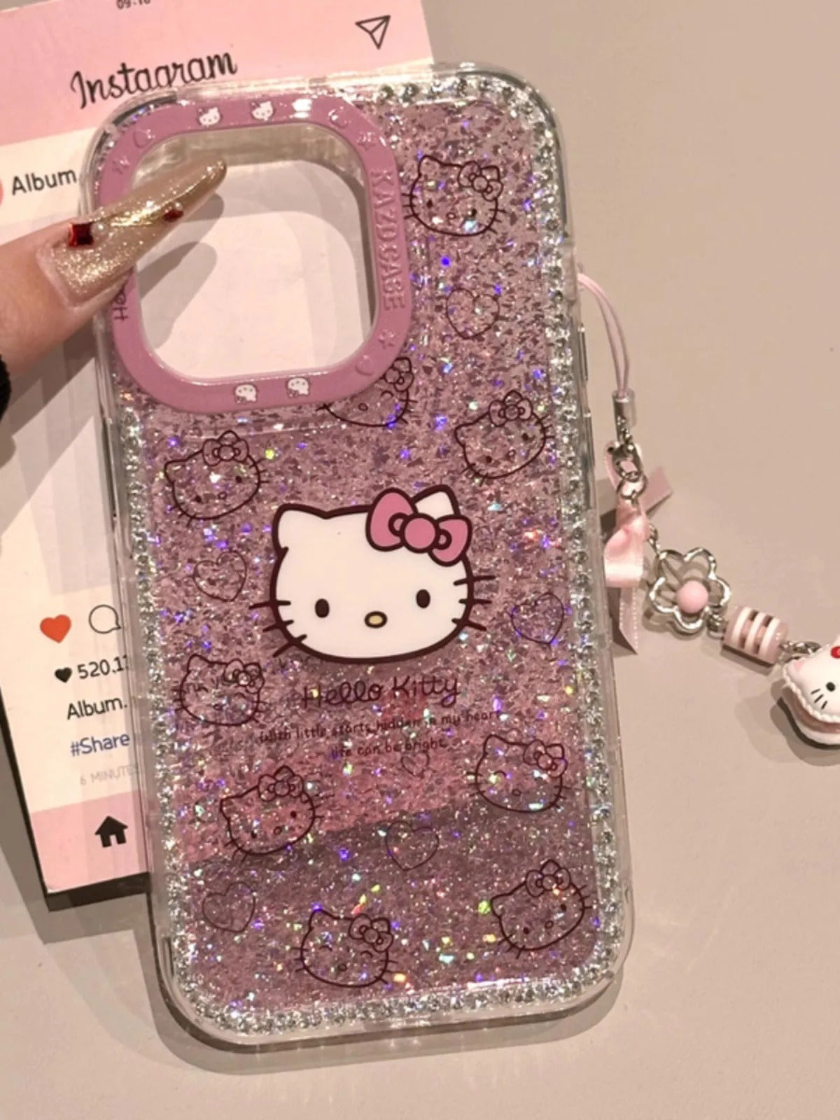 New Hello Kitty 3d Glitter Diamand Shell Case With Pendant For Iphone 16 15 14 13pro Max Plus Japan Korean Girl Soft Cover Gift