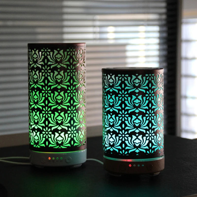 Aroma Diffuser Scent Ultrasonic Air Humidifier Iron Art Hollow Lotus Flower Pattern 2023 New Home Decorations with LED Lights