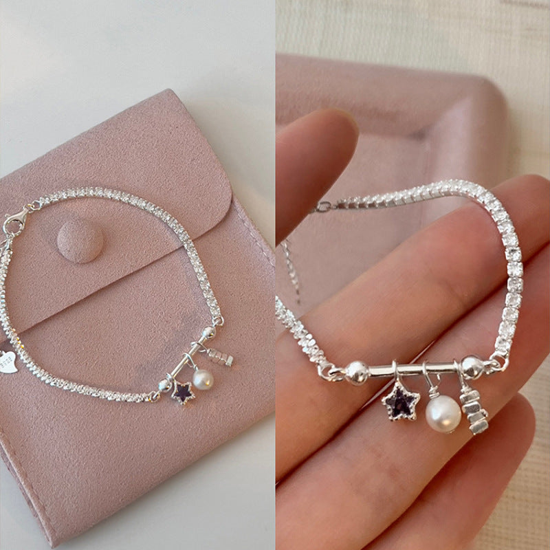 S925 Sterling Silver Star Pearl Bracelet for Women, Niche Sweet Fresh Light Luxury Versatile High-end Feel Jewelry