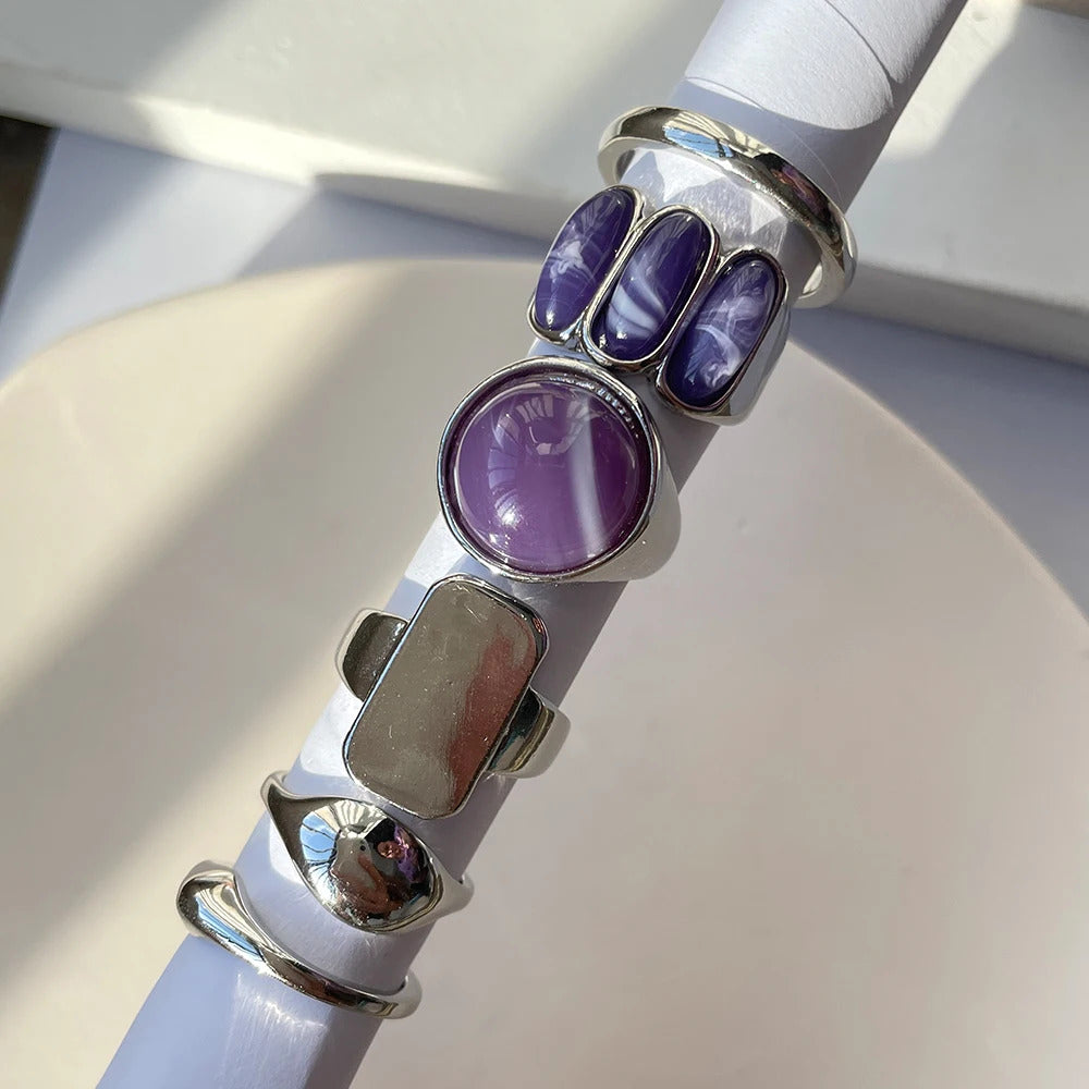 HZ 2021 New Korea 5pcs/set Colorful Stone Rhinestone Metal Chain Trendy Geometry Hit Rings Set for Women Girls Jewelry Gifts