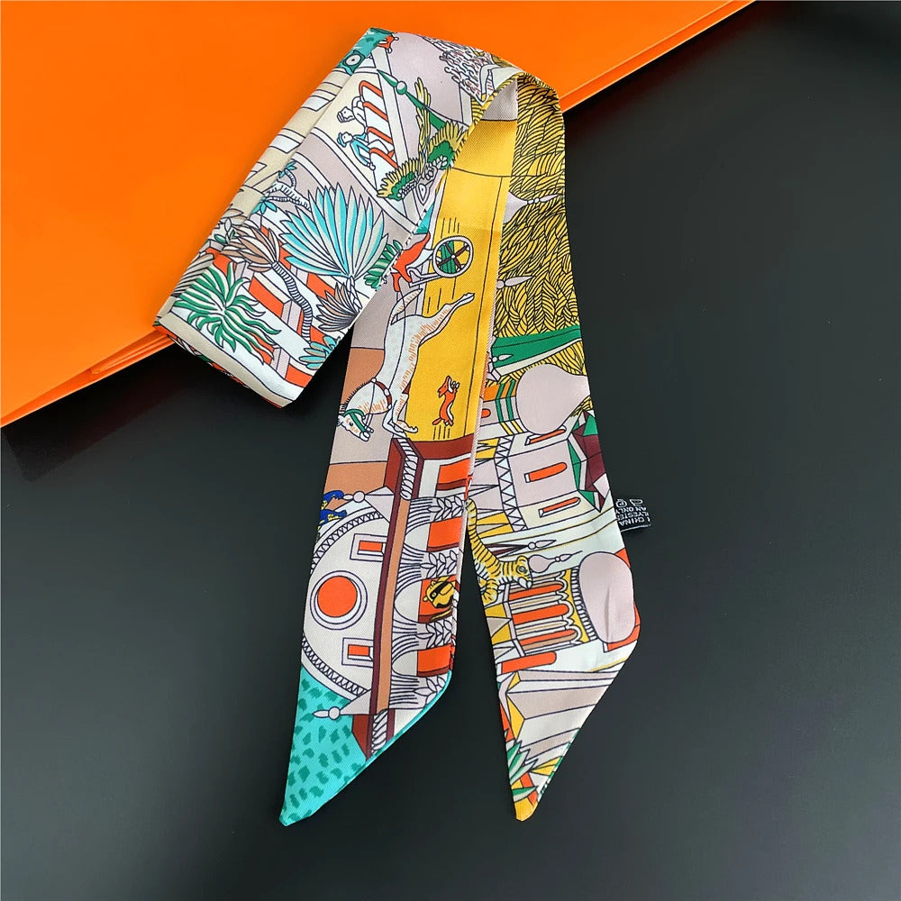 Fashion Women Hair Scarf 2024 New Brand Design Luxury Silk Scarf Fashion Print Headband Skinny Bag Scarves Neckerchief