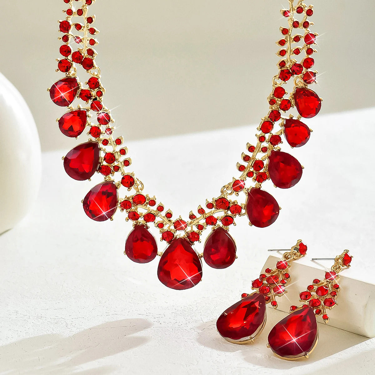 3PC Women's Fashion Trendy Charm Crystal Water Drop Necklace Earrings Jewelry Set Wedding Banquet Party Holiday Gift