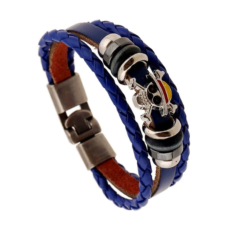 1Pc One Piece Luffy Pirate Bracelet Japan Cartoon Action Figure Toys Punk Black Leather Braided Punk Rock Bangles Bracelet Gifts
