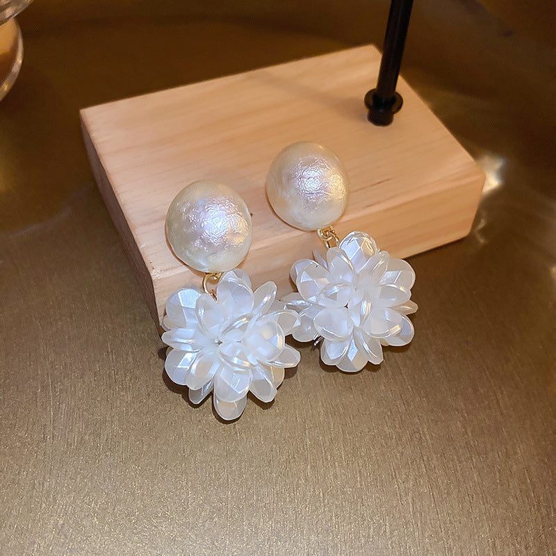 Silver Needle Inlaid with Diamonds and Pearls Flower Tassel Earrings Niche Style Atmosphere Earrings Fashionable Light Luxury High-end Earrings