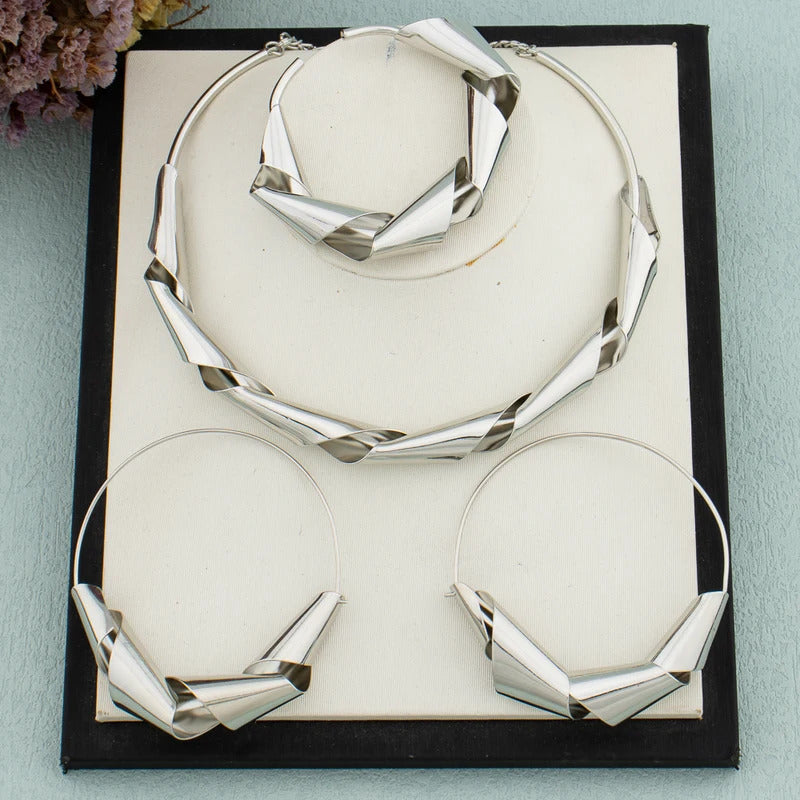 Luxury Gold Plated Dubai Jewelry Set For Women African Copper Twist Bold Design Earrings Necklace Bracelet Quality Jewelry Gift