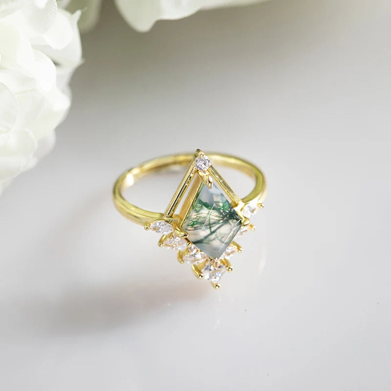 925 Sterling Silver Dainty Kite Shaped Moss Agate Ring for Woman Adjustable Moonstone Rings Handmade Jewelry Birthstone Gifts