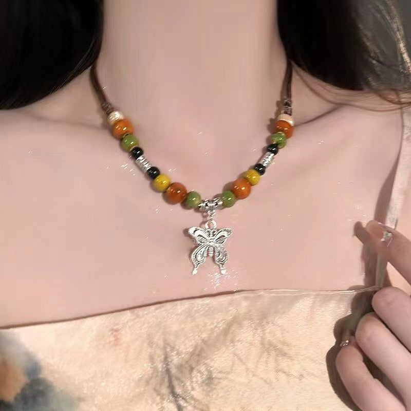 Ceramic Necklace New Chinese Ethnic Style Retro Ceramic Butterfly Beaded Clavicle Chain