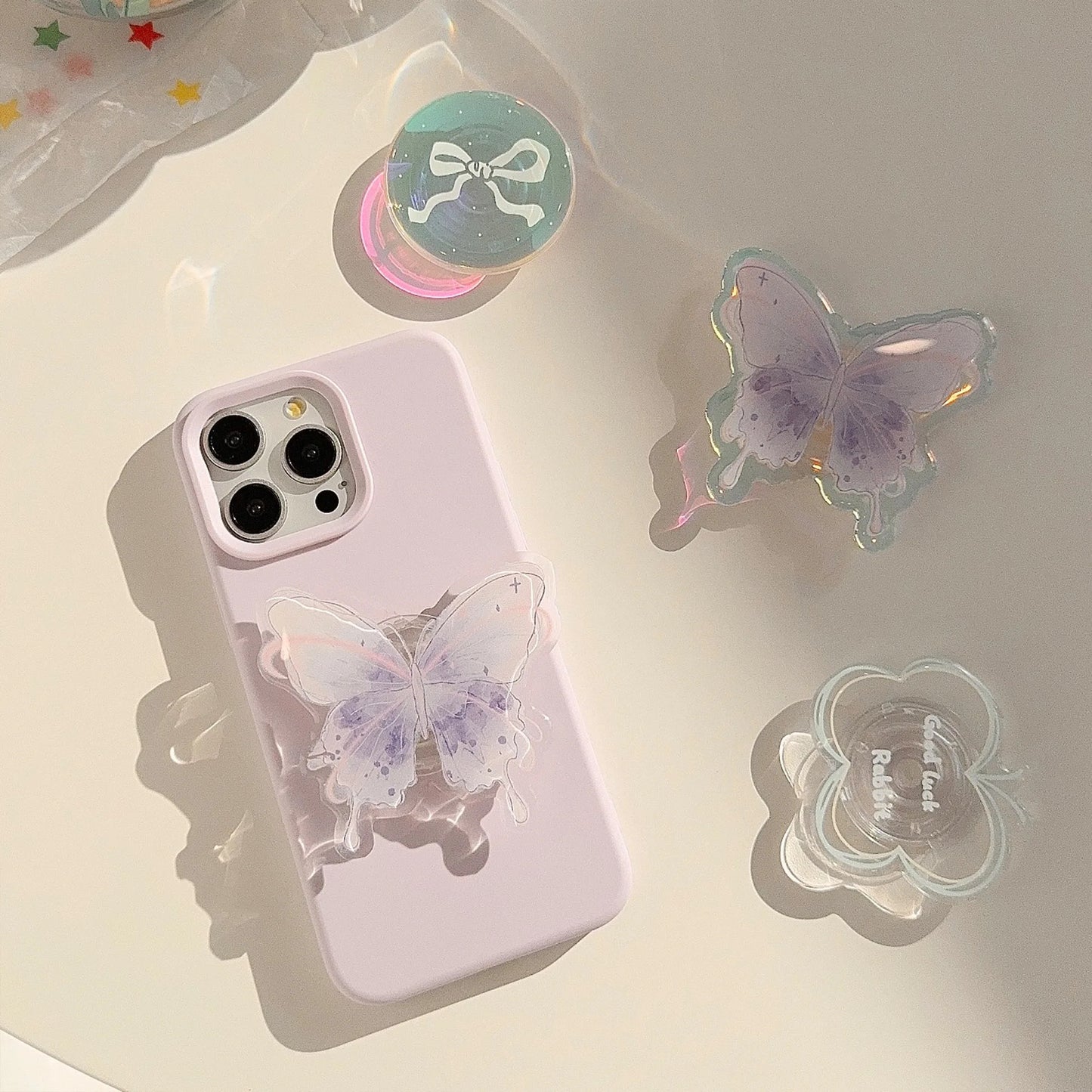 Girly Phone Stand Cute Strawberry Butterfly Boho Rainbow Heart Designs Adhesive Holder for Smartphones Samsung iPhone